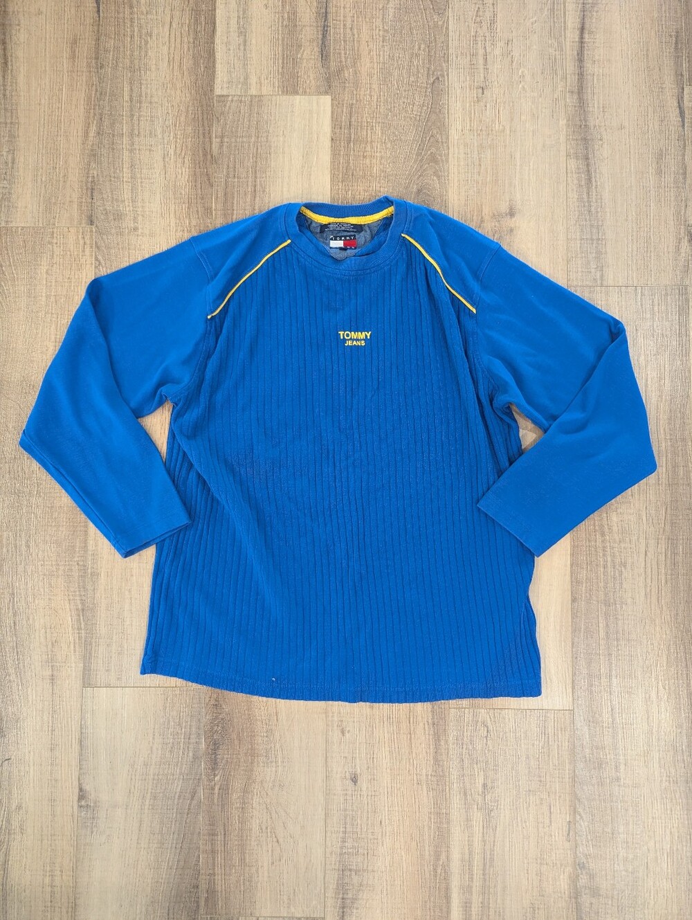 Vintage Tommy Jeans Ribbed Sweatshirt Mens Large Blue Yellow Logo Crewneck 90s